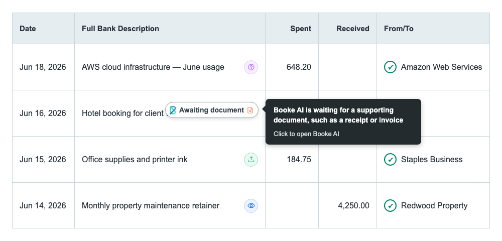 Booke AI transaction status shown in QuickBooks Online