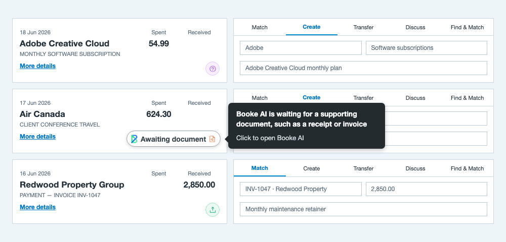 Booke AI transaction status shown in Xero