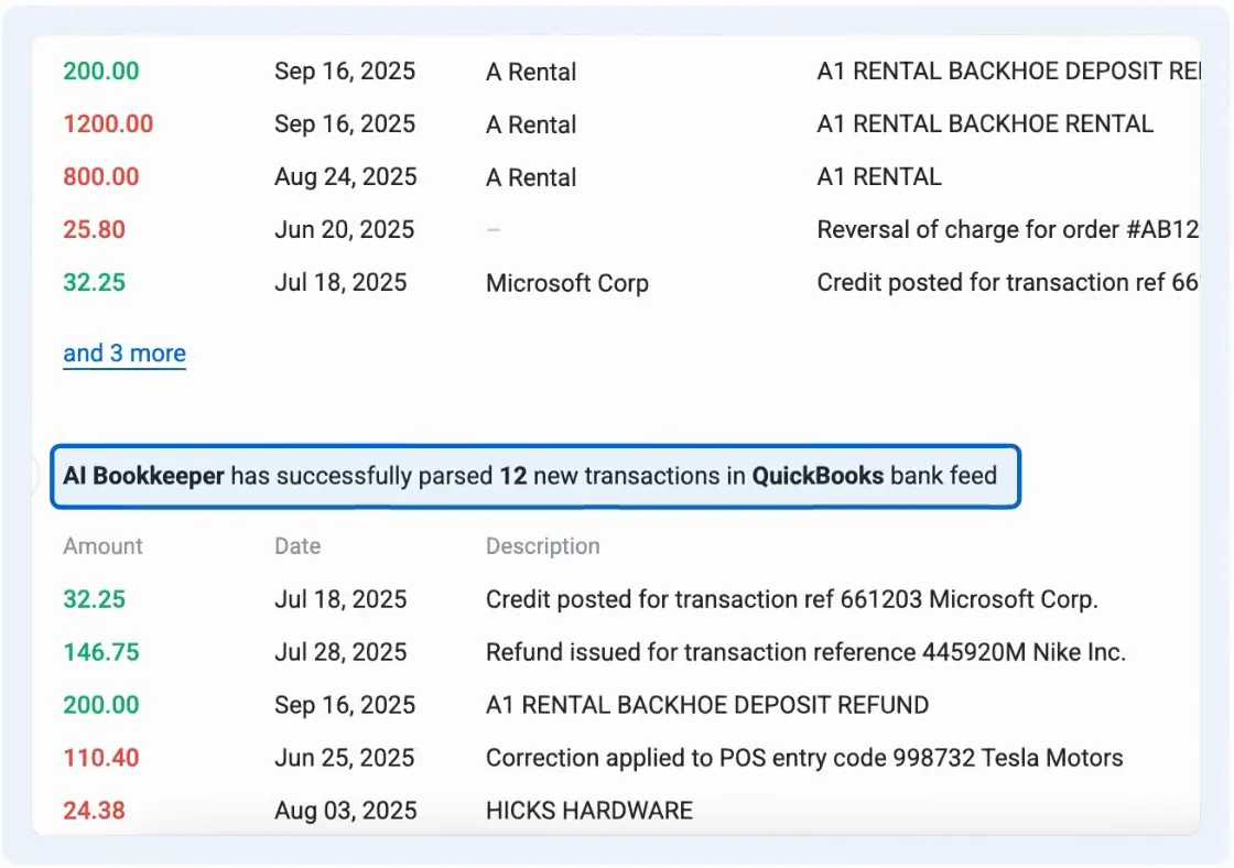 Booke reporting 12 new bank transactions categorized in QuickBooks Online