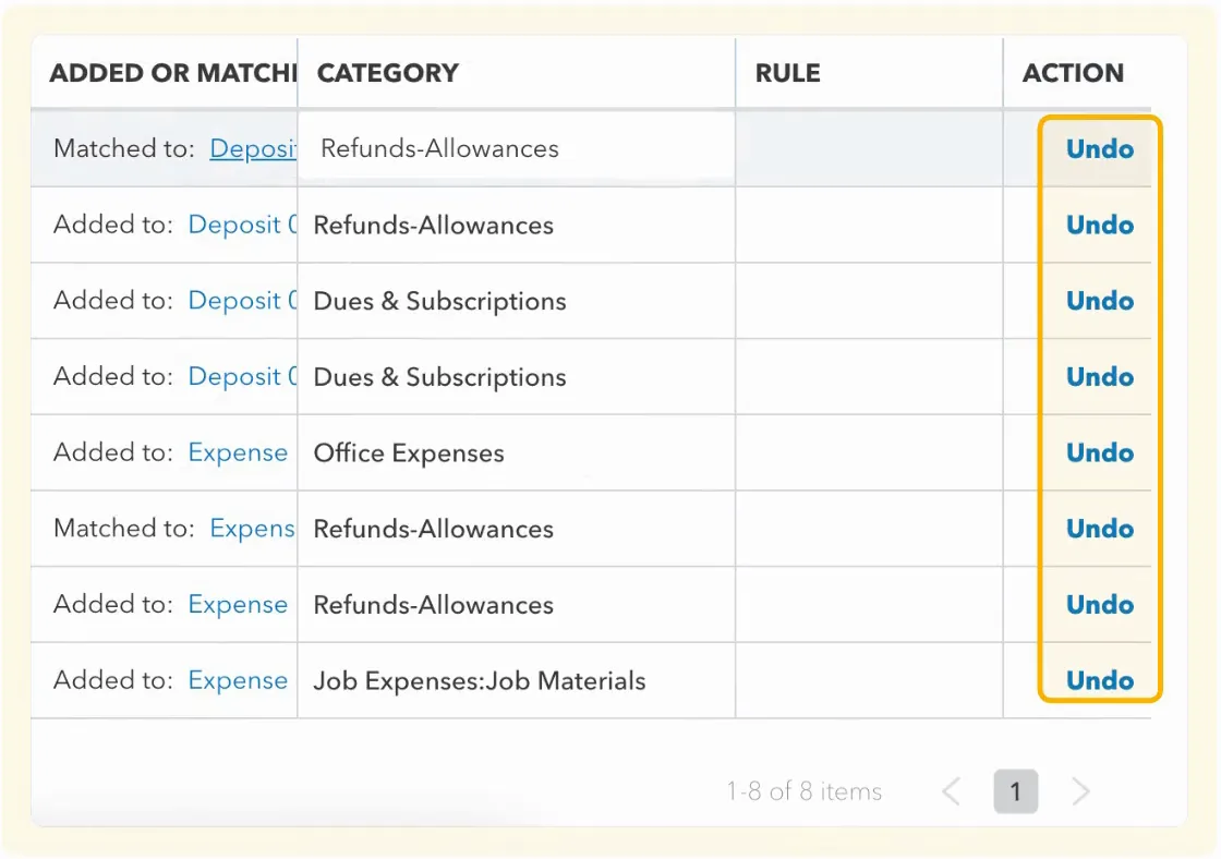 Booke change log with an Undo button for each categorized or matched transaction