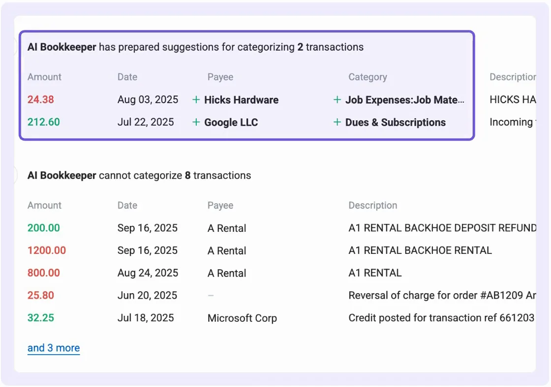 Booke suggesting categories for two unclear transactions and listing the ones it could not categorize